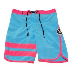 Boys Hurley Board Shorts Blue with Pink Stripes - Size missing Has Measurements
